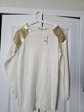 New York & Company Cream Sweater with Gold Sequin Shoulder
